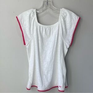 Vineyard Vines white top with pink Pom Pom trim, L